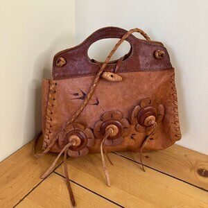 Leather Boho Shoulder Bag Top Handle Purse with 3D Flower Applique Design